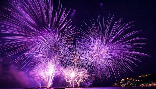 vibrant purple fireworks display lighting up the night sky
