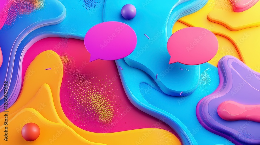 Poster this vibrant artwork features dynamic speech bubbles and circular objects, designed in a playful man
