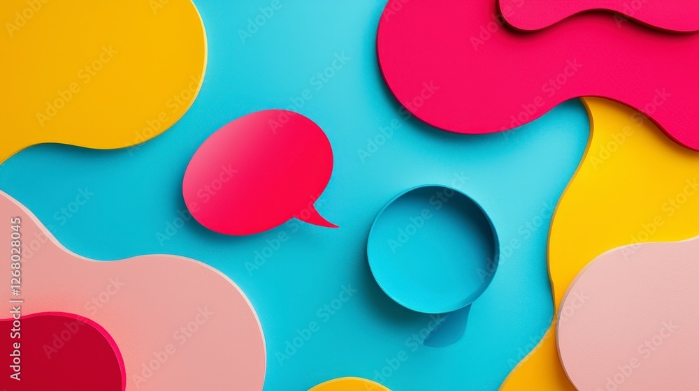 Poster an eye-catching array of colorful speech bubbles clustered on a vivid background, inviting conversat