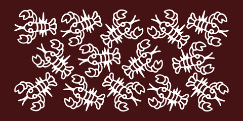 Vector drawing of a collection of crayfish with claws on a dark brown background in a cartoon style