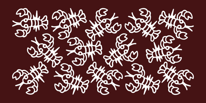 Vector drawing of a collection of crayfish with claws on a dark brown background in a cartoon style
