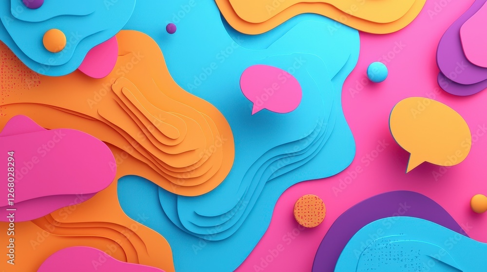 Poster this vibrant and dynamic composition features layered abstract shapes and colored speech bubbles ove