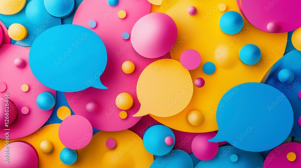 Poster a visually striking collage featuring an array of colorful circular shapes and speech bubbles agains
