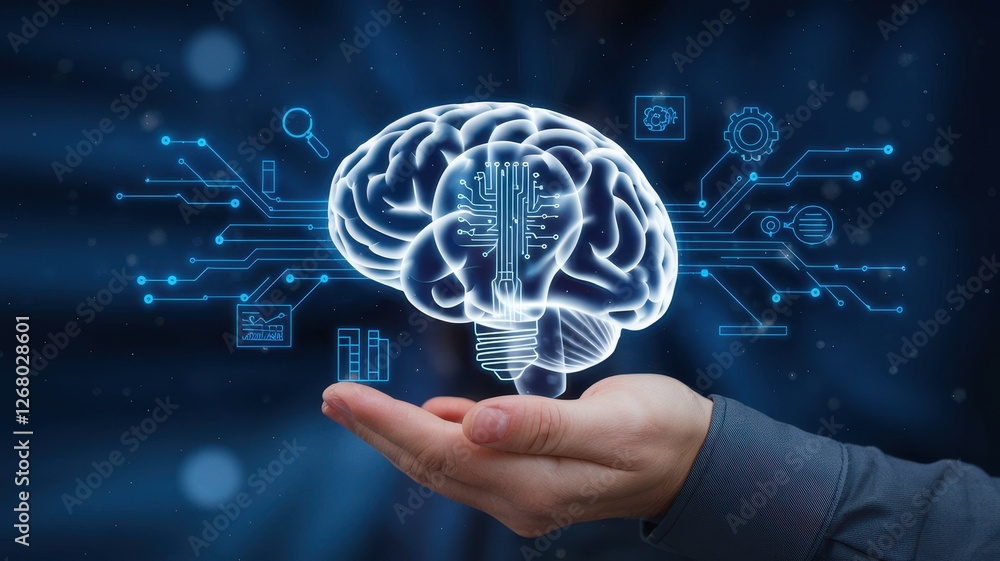 Poster brain lightbulb concept on hand representing artificial intelligence innovation