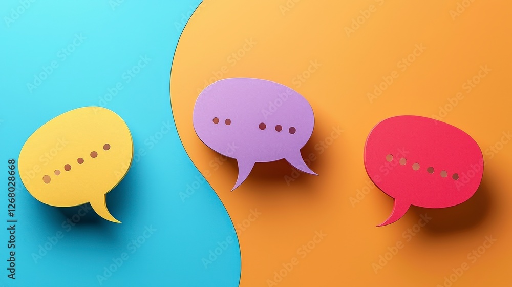 Poster featuring vibrant purple and red speech bubbles, this design presents an inviting color contrast aga