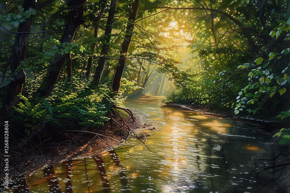 Poster sunlight filtering through trees illuminates a serene forest landscape with waterfalls and lush gree