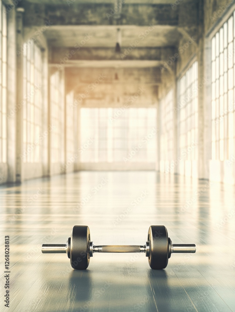 Poster Well used dumbbell resting on the polished floor in an empty gym at sunset. Generative AI