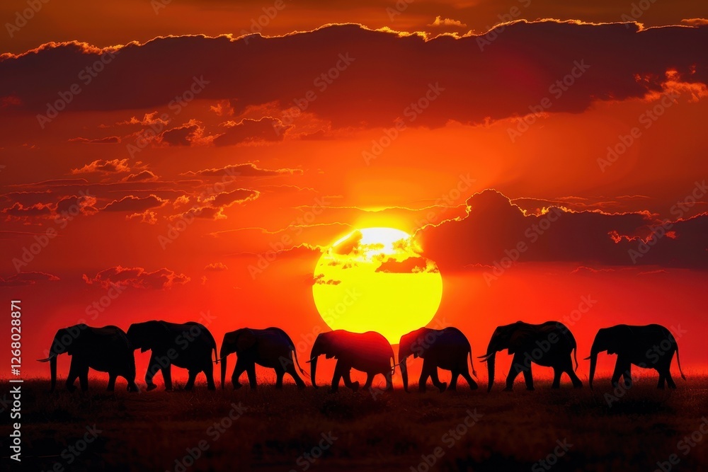 Aufkleber herd of elephants walking against a stunning sunset in the savanna, creating a tranquil atmosphere a