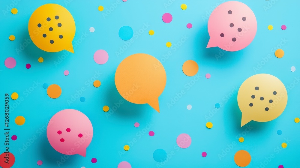 Poster this dynamic image showcases playful conversation elements combined with colorful dots and circles, 