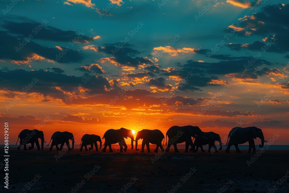 Poster herd of elephants walking against a stunning sunset in the savanna, creating a tranquil atmosphere a
