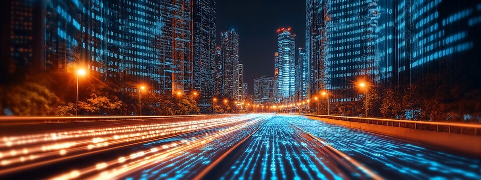 Digital Cityscape with Binary Code and Light Trails