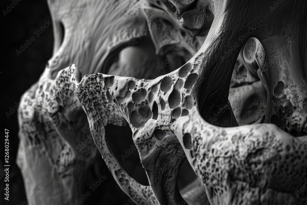 Poster detailed close-up of a human femur bone displayed in a natural lighting environment with greenery in