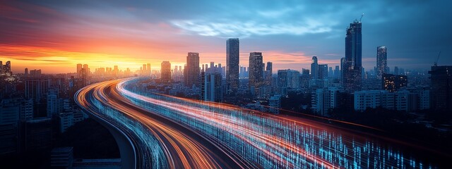 Digital Cityscape with Binary Code and Light Trails