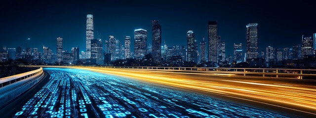Digital Cityscape with Binary Code and Light Trails