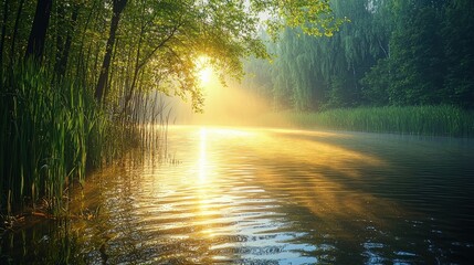 Fototapeta premium Serene river scene at sunrise, surrounded by lush greenery and mist.