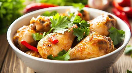 Fototapeta premium A steaming bowl of rich, savory chicken adobo sits on a rustic wooden table, garnished with fresh parsley and vibrant chili peppers.