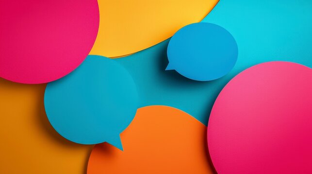 This captivating image presents layered colorful shapes featuring speech bubbles, which symbolize dynamic communication and an artistic expression of ideas and feelings.