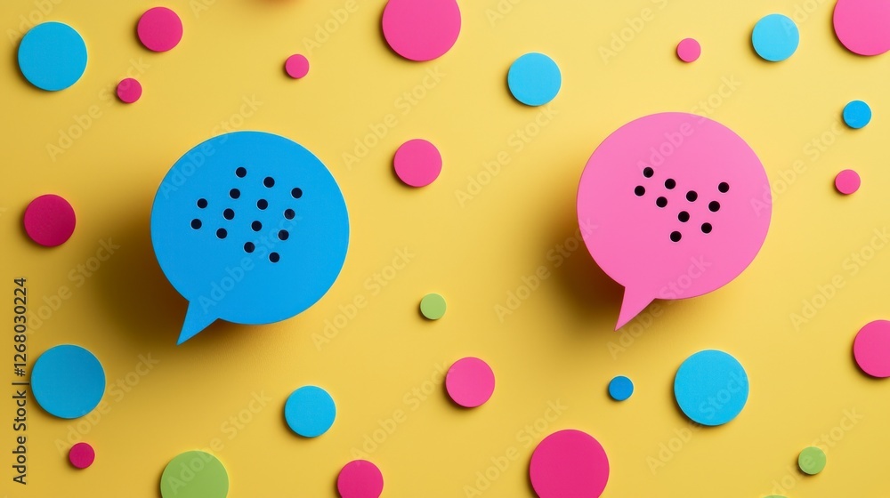 Poster this image features large, quirky speech bubbles in bright colors adorned with graphic dots, represe