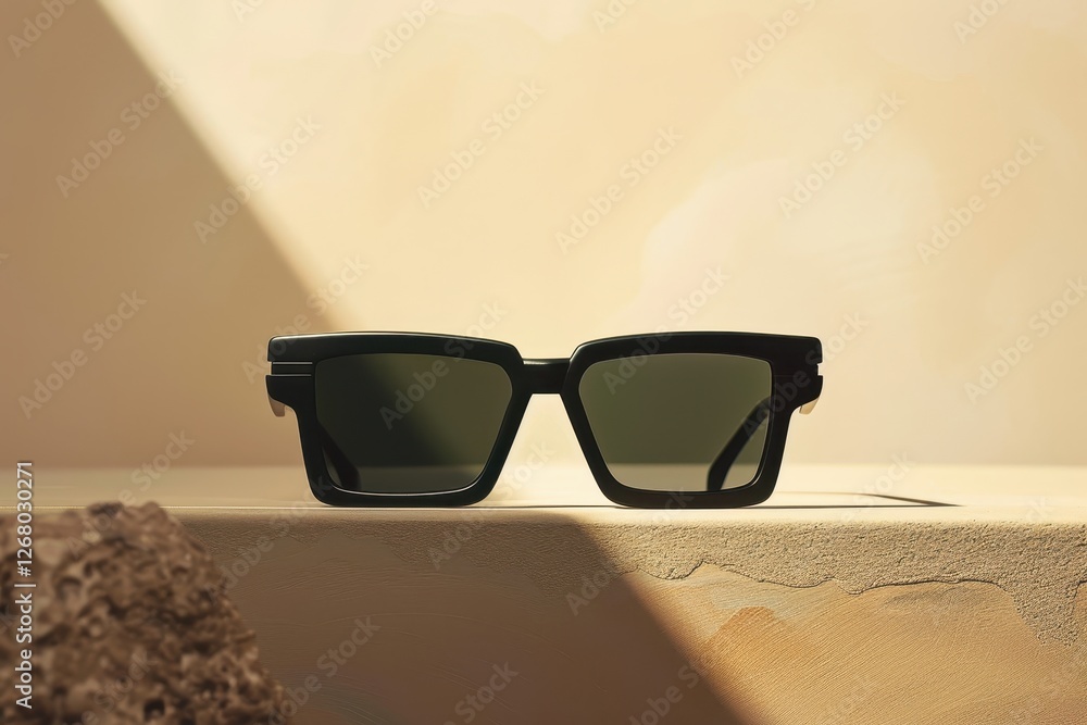 Poster modern black sunglasses displayed on a textured concrete pedestal with soft lighting in a contempora