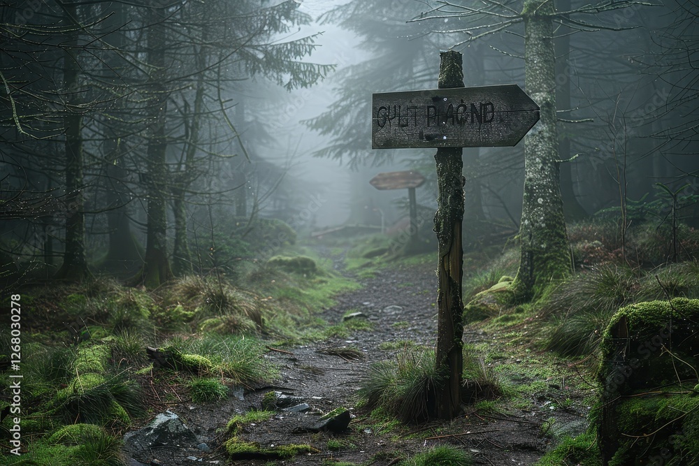 Poster wooden signpost points the way through misty forest with lush greenery and dense trees at dawn