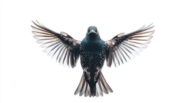 Collection of a european starling on white background for nature and wildlife themes, flying bird, portrait and standing.