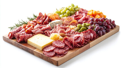 Obraz premium Elegant charcuterie board with assorted meats, cheeses, fruits, and nuts, perfect for gourmet food photography.