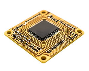 Close-up of a gold microchip with intricate circuit design.
