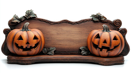 Jack-o'-lantern pumpkins on wooden sign with blank space on white background - festive halloween decoration.