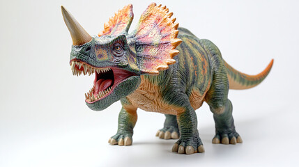 Obraz premium Lifelike triceratops model on white background, realistic dinosaur replica for educational use.