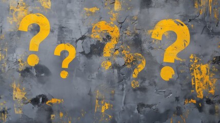 Yellow question marks stand out against a sleek gray wall.