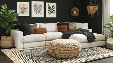 Modern living room, sectional sofa, bohemian decor, cozy atmosphere, home interior design