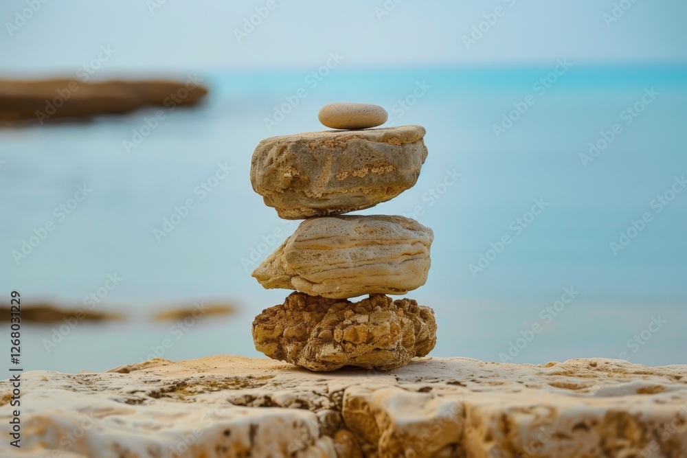 Poster balanced stone tower on a rocky beach with peaceful ocean in the background during a clear day