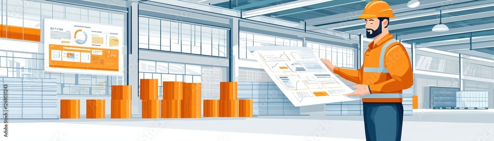 Poster construction foreman assigning work tasks in a modern industrial setting with charts and data