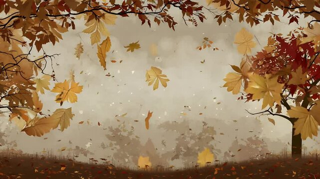 autumnal scene with falling leaves against a muted, beige backdrop trees one with predominantly brown leaves and the other with a mix of red and brown frame the composition