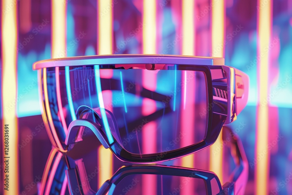 Aufkleber colorful futuristic eyewear displayed against vibrant neon lights in a modern urban setting at night