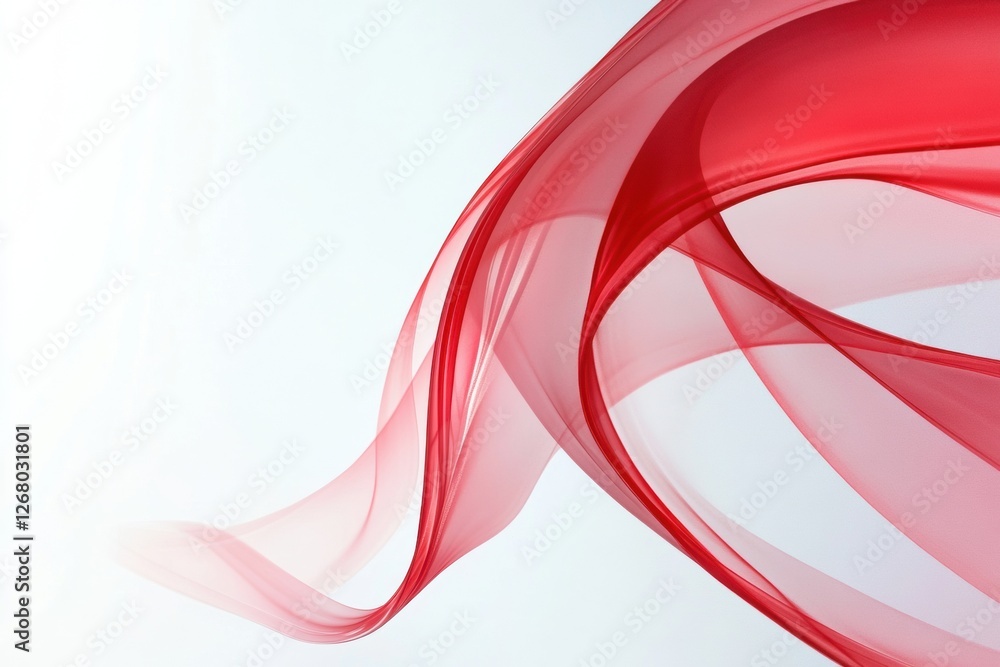 Poster curving red fabric creates flowing shapes against a minimalist background in bright light settings. 