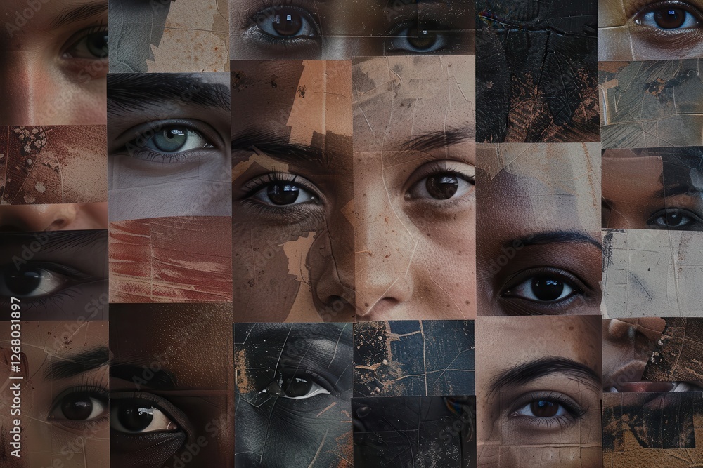 Poster diverse faces from various cultures and backgrounds displayed in a creative collage reflecting human