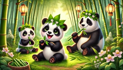 Fototapeta premium Adorable panda family eating bamboo in a lush bamboo forest, perfect for children's book illustration