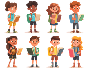 Collection of diverse school boys and girls holding notebooks, ready for school.
