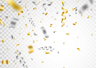 Gold and silver confetti. Falling glitter paper banner. Anniversary party design. Carnival serpentine and tinsel poster. Celebrate event card. Festive birthday. Win frame. Vector illustration
