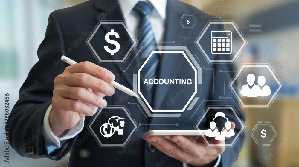 Poster man uses tablet to interact with accounting icons