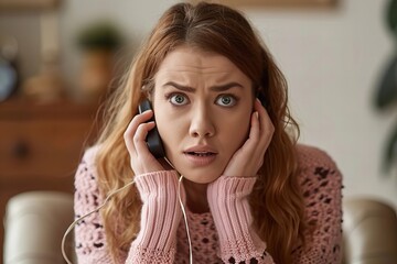 Fototapeta premium looking confused and concerned as she listens to the scammer on the other line.