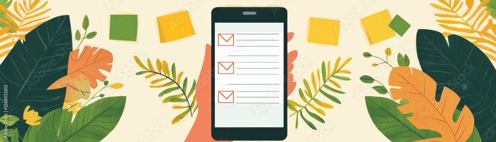 Aufkleber smartphone in professional setting with task reminders and vibrant leaves background for productivit