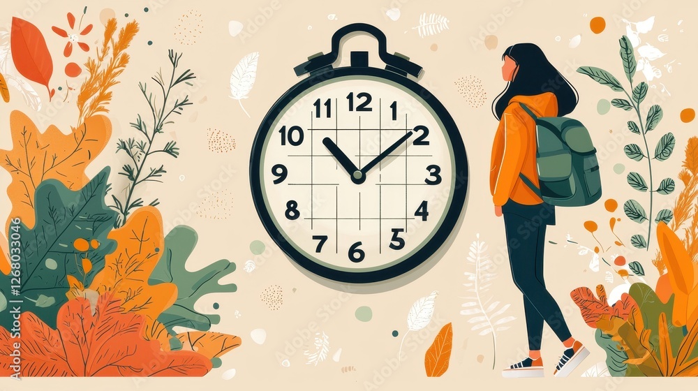 Poster student managing coursework tasks with planner and clock in a colorful infographic style design