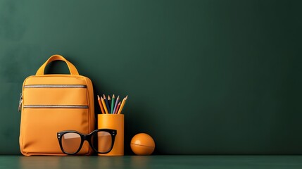 Organizing school supplies a vibrant yellow backpack glasses and colorful pencils on a green tabletop creative workspace environment minimalist viewpoint