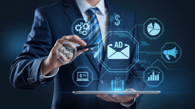 Businessman uses stylus on tablet to manage digital advertising