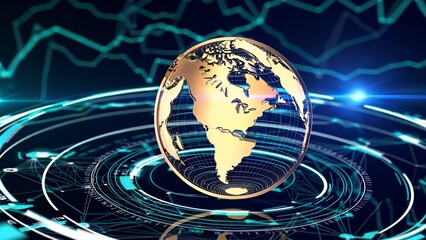 Golden bitcoin transforming into spinning transparent globe with futuristic holographic trading interface and stock market charts against sleek black background