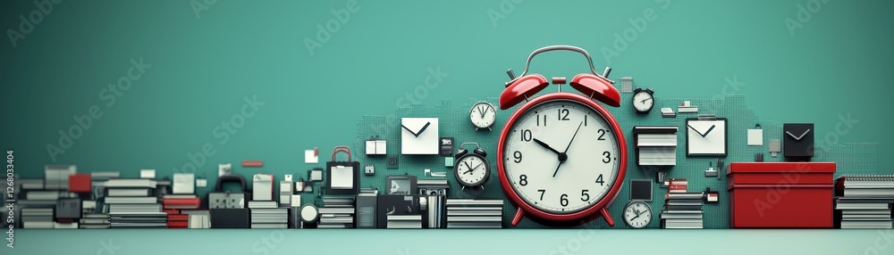 Poster creative concept of time management with alarm clocks and task trackers on a trendy background