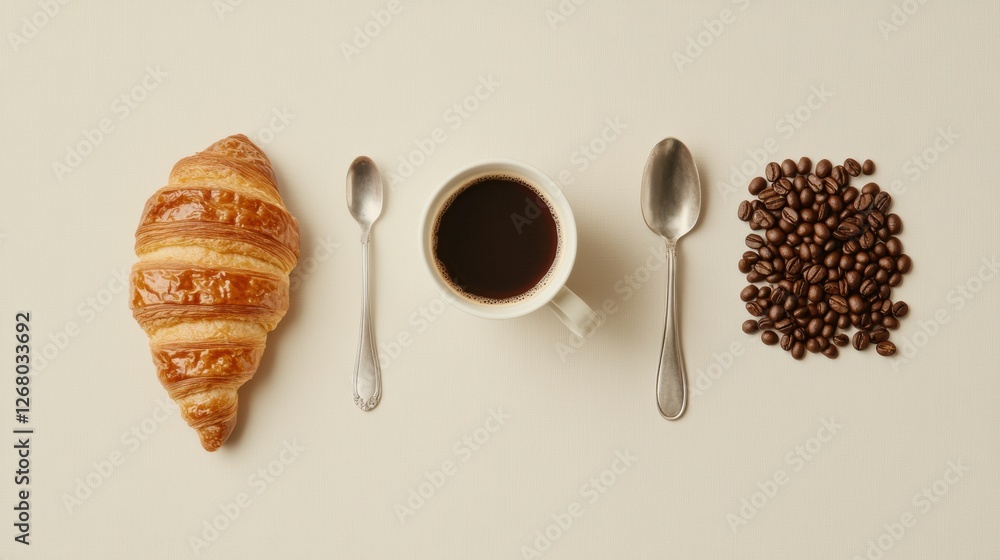 Poster enjoying a morning coffee with a flaky croissant and fresh coffee beans on a simple white table sett