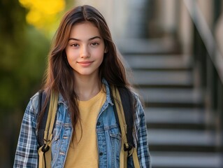 Obraz premium Energetic High School Student on the Move Captured in a Dynamic Urban Setting as She Heads to Class with Confidence and Contemporary Style